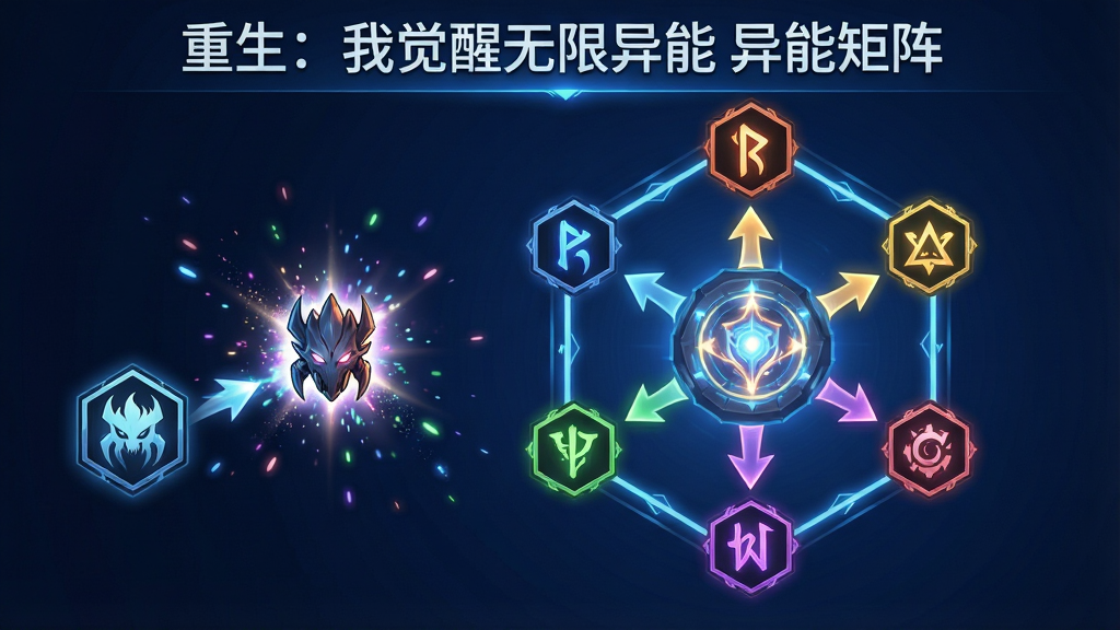 一幅展示异能觉醒系统的游戏界面截图风格插画。画面中央是一个六边形异能矩阵,每个节点连接着不同颜色的能量符文,代表不同属性的异能。矩阵中心是一个发光的核心,周围有箭头指示进化方向。画面左侧展示一个低阶异能图标正在升级为高阶形态,伴随粒子光效。整体风格为科幻奇幻融合,深蓝色背景,能量线条清晰。画面上方标注“重生:我觉醒无限异能 异能矩阵”。画质高清,干净利落,无多余装饰元素。
