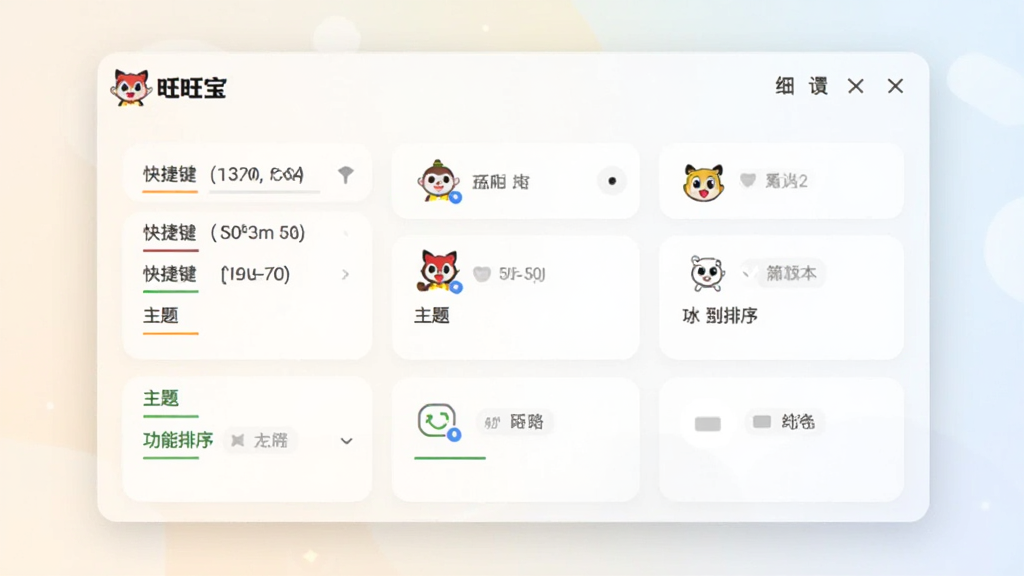一张展示旺旺宝设置界面的AI生图,画面中“旺旺宝”软件设置面板包含快捷键、主题、功能排序等选项,界面设计简洁直观,采用卡片式布局,背景为柔和浅色,画质清晰,无多余元素