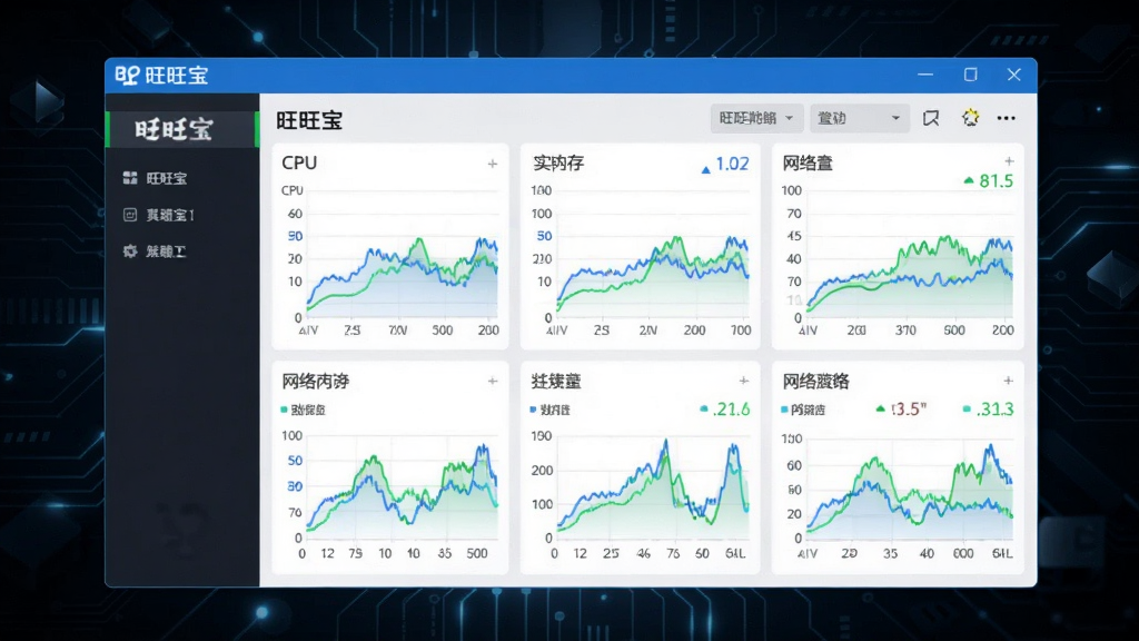 一张展示旺旺宝系统监控界面的AI生图,画面中“旺旺宝”软件窗口显示CPU、内存、网络等实时数据图表,图表线条清晰,配色以蓝绿为主,界面布局规整,背景为深色科技风格,画质清晰,无多余元素