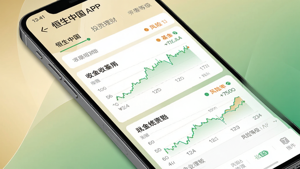 恒生中国APP投资理财页面,手机屏幕显示多款基金产品列表,包含收益率走势图与风险等级标识,背景为淡金色与绿色渐变,界面专业简洁,有数据图表元素,风格高端商务,画质清晰,干净无多余元素