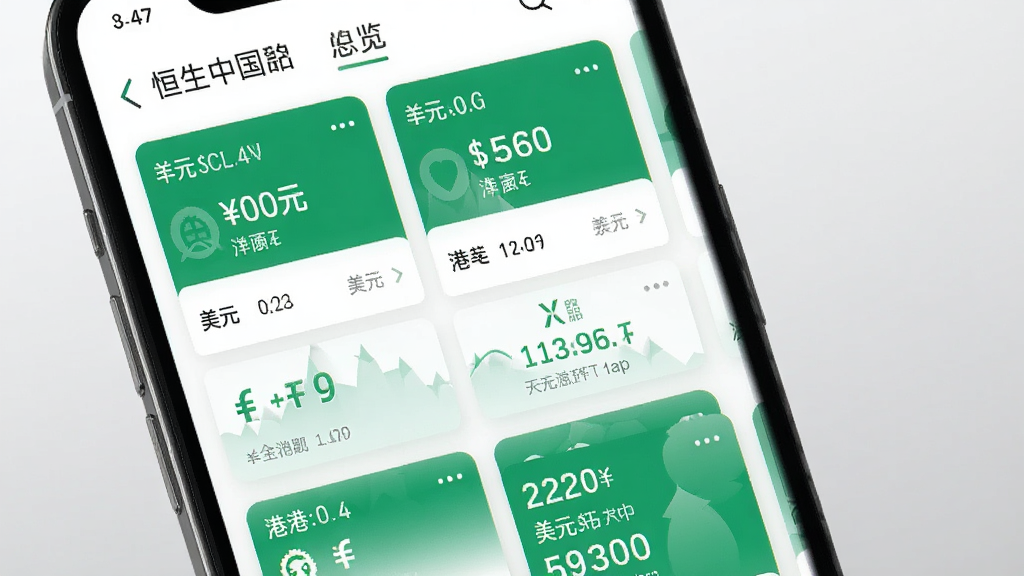 手机屏幕特写,展示恒生中国APP账户总览页面,多个账户卡片以绿色与白色为主色调排列整齐,显示人民币、美元、港币等币种余额,界面简洁清晰,背景为浅灰色渐变,风格现代商务,画质高清,干净无多余元素