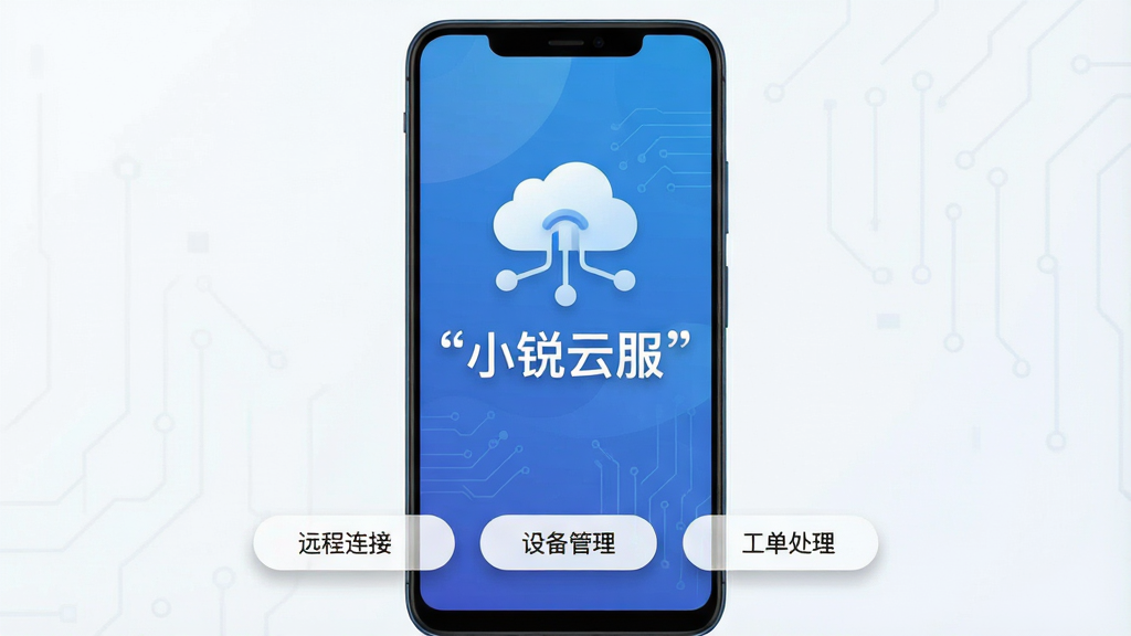 一张展示“小锐云服”软件主界面的手机截图风格图片,主体为一部安卓手机,屏幕中央显示“小锐云服”四个字和云朵与网络节点连接的图标,布局采用居中构图,手机下方有远程连接、设备管理、工单处理三个功能按钮,排版简洁清晰,风格为现代科技感扁平化设计,细节包括蓝色渐变背景、细微的电路纹理、按钮带有柔和阴影,画质为高清2K,画面干净无多余元素,文字必须加引号“小锐云服”。
