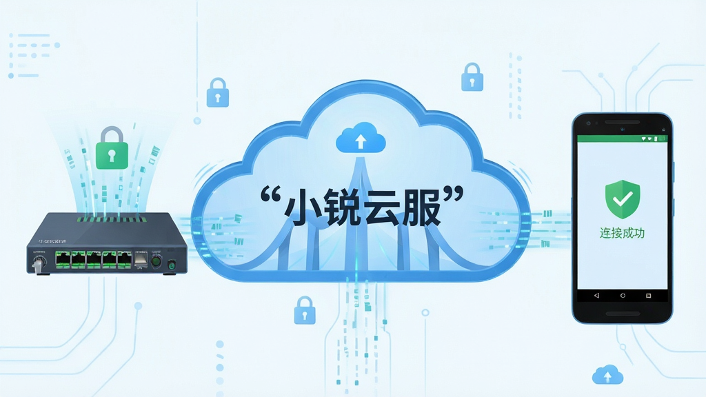 一张表现“小锐云服”远程连接功能的科技插画,主体为两台设备通过云朵形状的桥梁连接,左侧是一台交换机,右侧是一部安卓手机,布局采用左右对称构图,排版上桥中央有“小锐云服”文字标识,风格为扁平化科技插画,细节包括数据流光线、锁形安全图标、设备屏幕显示连接成功,画质为高清,画面干净无多余元素,文字必须加引号“小锐云服”。