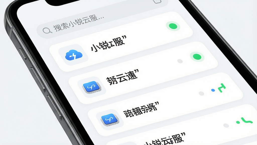 一张展示“小锐云服”设备管理列表的手机界面图片,主体为手机屏幕,屏幕上排列着多个设备卡片,每个卡片包含设备图标、名称、状态指示灯,布局为纵向列表,排版整齐,风格为清爽的浅色UI设计,细节包括蓝色和绿色的状态圆点、卡片圆角、顶部搜索栏,画质为高清,画面干净无多余元素,文字必须加引号“小锐云服”。
