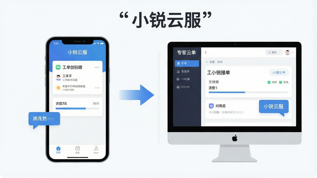 一张表现“小锐云服”工单协同流程的示意图,主体为一部手机和一台电脑屏幕,手机显示工单创建界面,电脑显示专家接单界面,布局采用左右分屏构图,排版上中间有箭头连接,风格为现代商务扁平插画,细节包括工单卡片、进度条、对话气泡,画质为高清,画面干净无多余元素,文字必须加引号“小锐云服”。