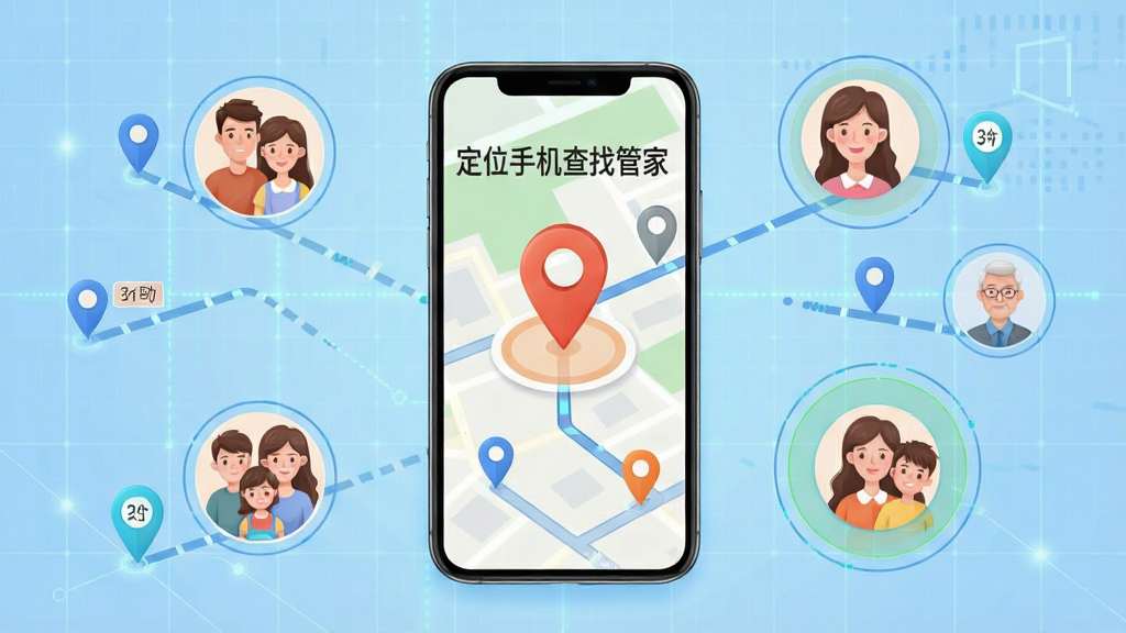 画面中央展示一部智能手机,屏幕上显示地图界面和定位标记图标,手机周围环绕家庭成员头像和位置坐标符号,背景为浅蓝色科技感网格,整体风格简洁明快,细节包含定位针、路线轨迹线、安全区域圆圈,画质清晰干净,无多余元素,图片中文字标注“定位手机查找管家”