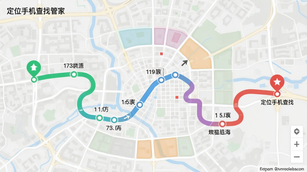 画面展示一条蜿蜒的彩色轨迹线贯穿城市地图,轨迹线上有多个时间节点小圆点标记,起点和终点分别用绿色和红色图标区分,背景为浅灰色地图底纹,布局为全屏地图视角,风格为简约数据可视化,细节包含时间标签、方向箭头、区域色块,画质清晰干净,无多余元素,图片中文字标注“定位手机查找管家”