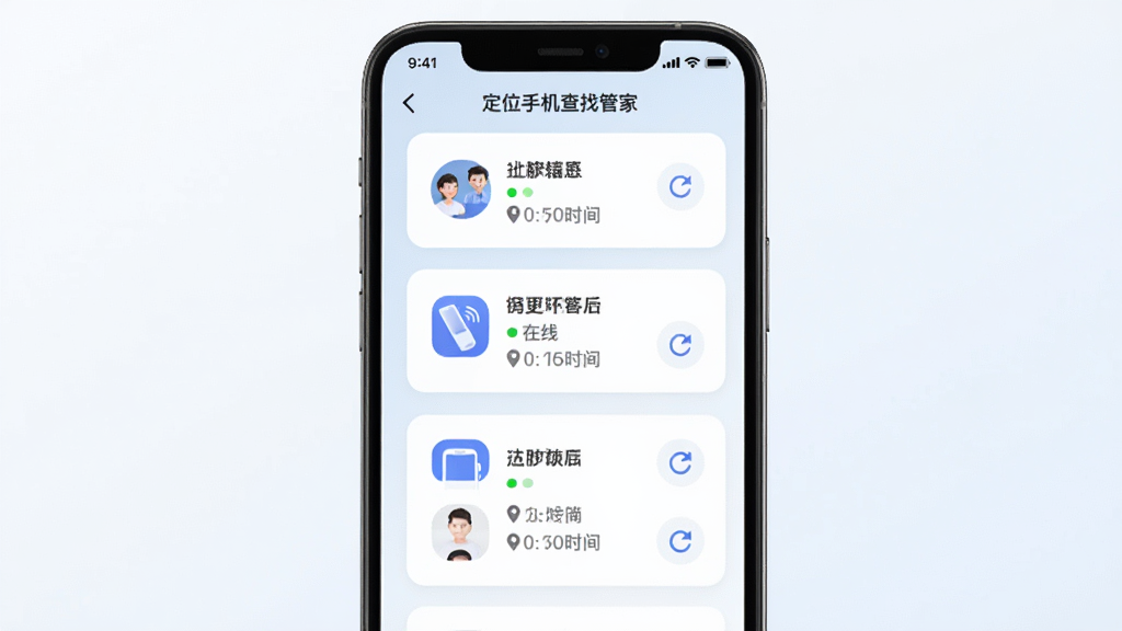 画面展示一个手机屏幕界面,界面中排列多个设备卡片,每个卡片包含设备图标、名称、在线状态圆点和定位时间,卡片以网格形式布局,背景为浅色渐变,风格为现代卡片式UI设计,细节包含头像小图标、状态指示灯、刷新按钮,画质清晰干净,无多余元素,图片中文字标注“定位手机查找管家”