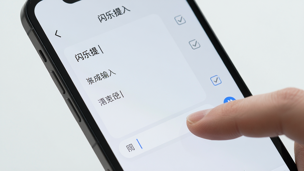 一只手机屏幕特写,画面中显示“闪乐提”应用内的速记输入界面,手指正在点击输入框,屏幕上有简洁的文字条目和勾选框,背景为浅灰白色,整体风格清新简约,构图干净,画质清晰,无多余元素。