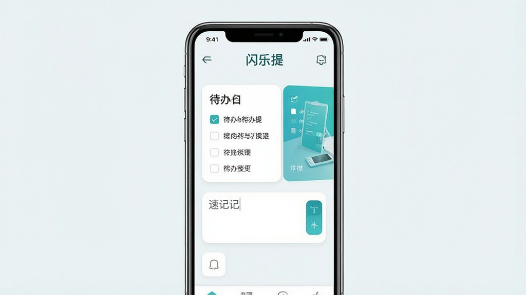 一张展示闪乐提手机应用主界面的竖版效果图,画面中央是一部现代智能手机,手机屏幕显示闪乐提应用首页,顶部有“闪乐提”文字标识,页面中部是简洁的待办清单卡片和速记输入框,整体布局干净整齐,采用浅色背景搭配蓝绿色点缀,风格清爽现代,细节清晰,画质干净,无多余元素。