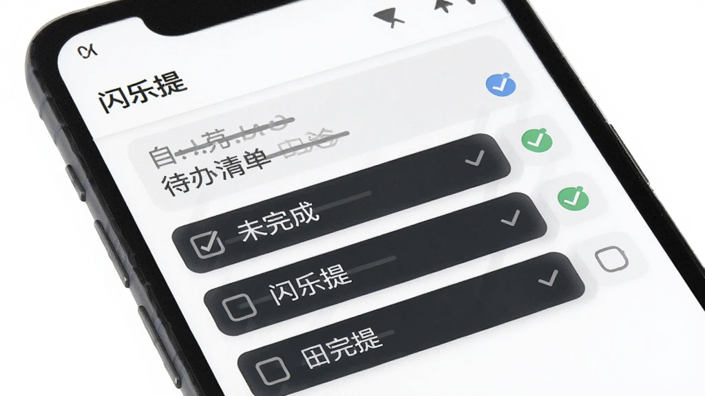 一部安卓手机展示“闪乐提”待办清单页面,屏幕上有若干条待办项目,部分已完成项目呈灰色划线状态,未完成项目为深色高亮,界面排版整齐,背景为纯白色,风格简洁商务,画质干净清晰,无多余装饰元素。