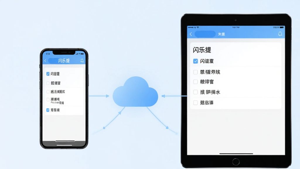 一部手机与一台平板电脑并排展示“闪乐提”数据同步示意图,两台设备屏幕上都显示相同的待办清单内容,中间用简洁的云朵图标连接,背景为淡蓝色渐变,风格科技清新,画质干净,无多余元素。