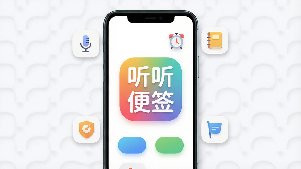 软件主界面展示,主体是一个竖版手机屏幕,屏幕中央显示“听听便签”四个大字的彩色图标,周围环绕着麦克风、闹钟、记事本等小图标,布局简洁,排版居中,风格为清新扁平化设计,细节包含柔和的阴影和圆角按钮,画质高清,干净,无多余元素。