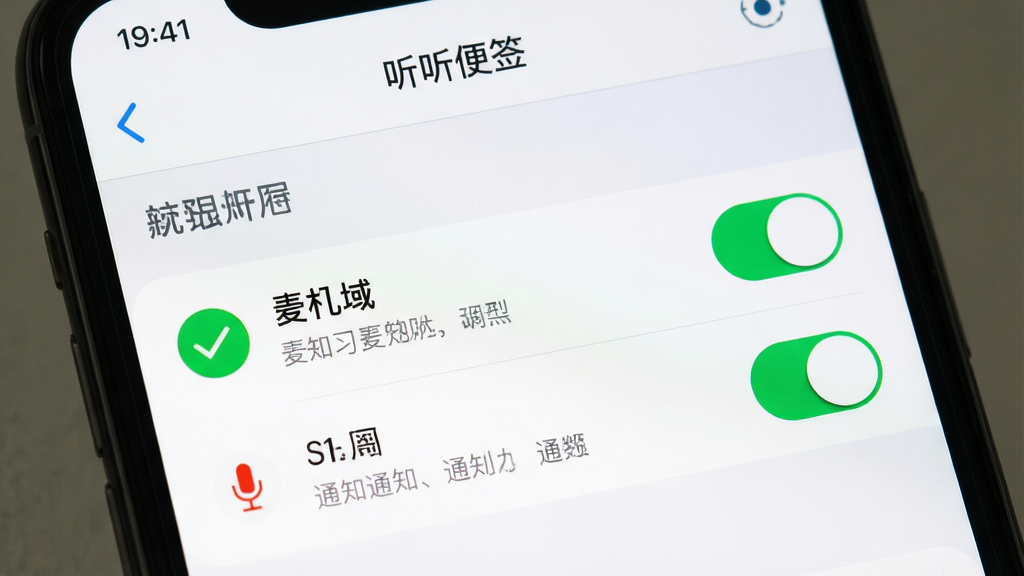 手机屏幕显示“听听便签”的权限设置页面,高亮显示麦克风和通知权限开关,布局为手机界面特写,风格为扁平化UI设计,细节包含绿色勾选图标和清晰的文字说明,画质高清,干净,无多余元素。