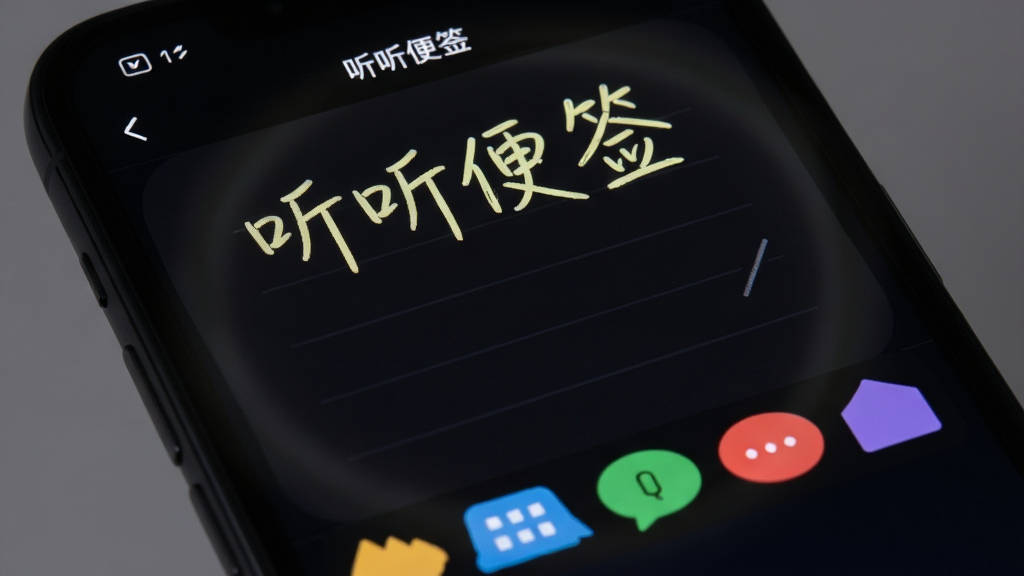 手机屏幕显示“听听便签”的编辑界面,背景是深色夜间模式,文字为浅黄色手写体,屏幕下方有一排彩色标签选项,布局为手机正面展示,风格为暗黑科技感,细节包含柔和的屏幕光晕和清晰的字体边缘,画质高清,干净,无多余元素。