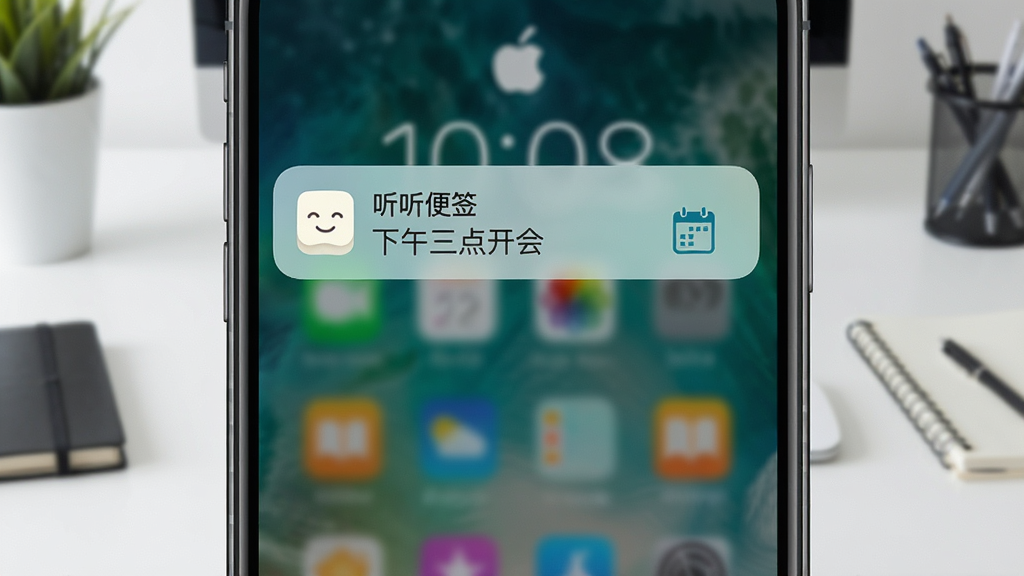 手机锁屏界面弹出“听听便签”提醒通知,通知内容写着“下午三点开会”,背景是简约的办公桌,布局为手机屏幕特写居中,风格为商务简约,细节包含清晰的字体和通知图标,画质高清,干净,无多余元素。