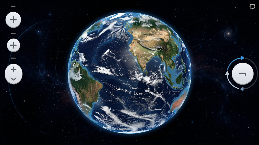 漫游3D全景地球软件主界面,画面中央是一颗高清三维地球模型,带有云层和地形起伏,周围环绕着缩放和旋转控制按钮,背景是深邃的星空,风格写实科技感,细节丰富,画质清晰,干净无多余元素