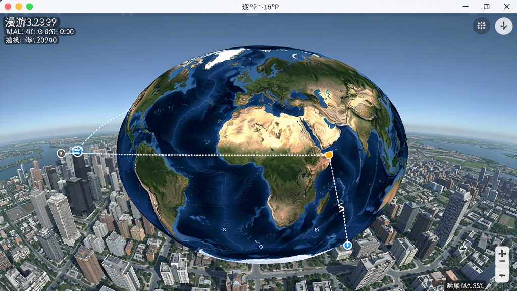 漫游3D全景地球软件界面显示经纬度坐标和海拔信息,地图上标注了距离测量线,背景是城市俯瞰图,风格简洁实用,画质清晰,干净无多余元素