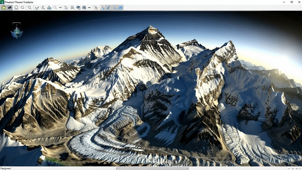 漫游3D全景地球软件中展示的喜马拉雅山脉三维地形,阳光从侧面照射,山峰投下阴影,山谷中可见冰川纹理,画面风格写实,细节清晰,画质干净无多余元素