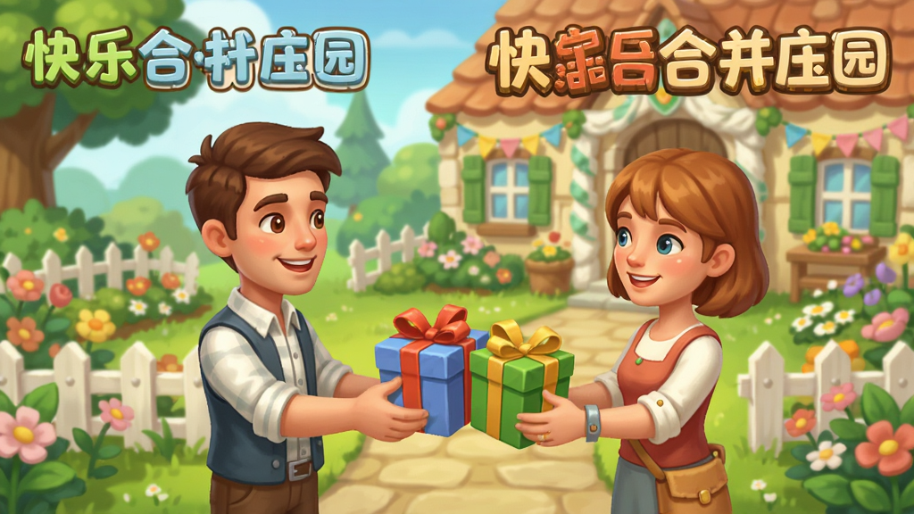 快乐合并庄园游戏内的社交互动场景插画,画面中展示两位玩家互相拜访庄园、赠送礼物的温馨场景,背景是装饰精美的庄园花园,带有游戏名称