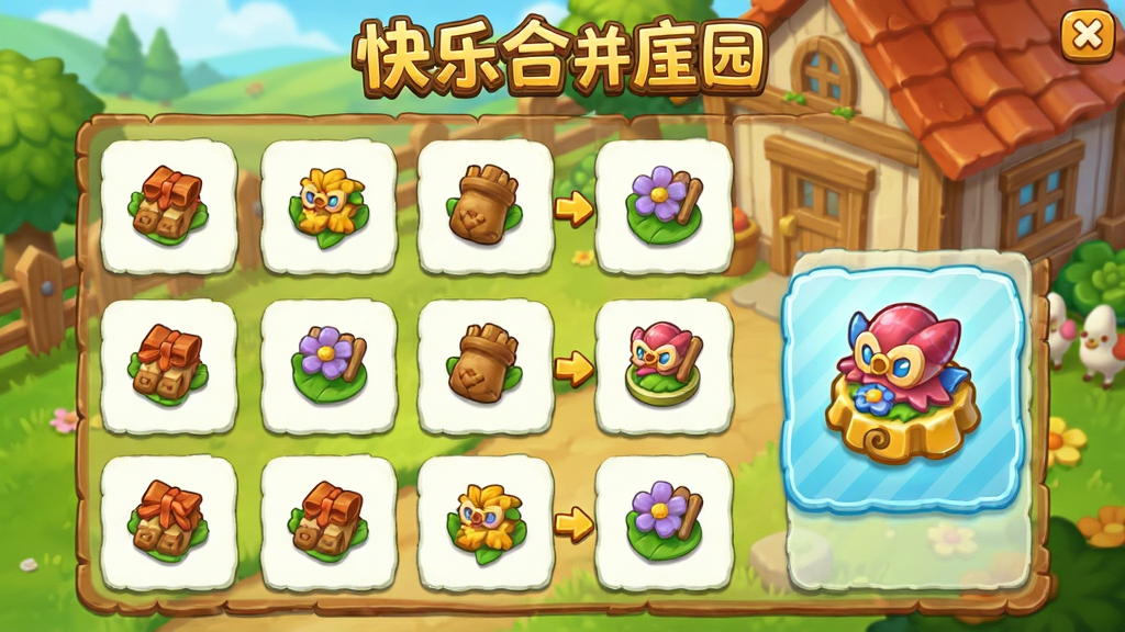 快乐合并庄园游戏内的合成界面截图风格插画,画面中展示多个相同物品合并后升级为高级物品的过程,物品排列整齐,背景是庄园的一角,带有游戏名称