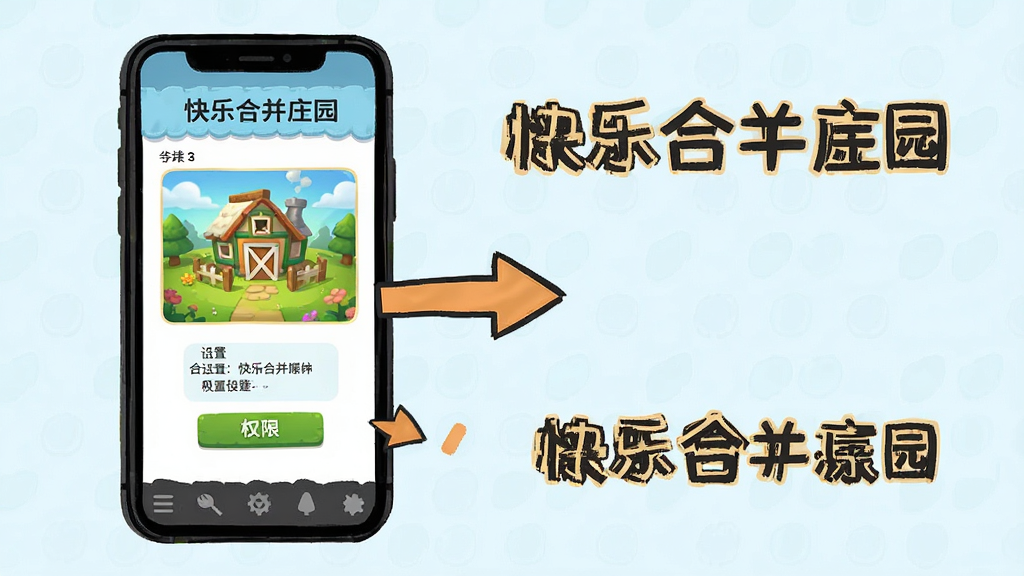 快乐合并庄园新手操作指引插画,画面展示手机屏幕上显示游戏安装步骤和权限设置界面,旁边有清晰的操作箭头和文字标注