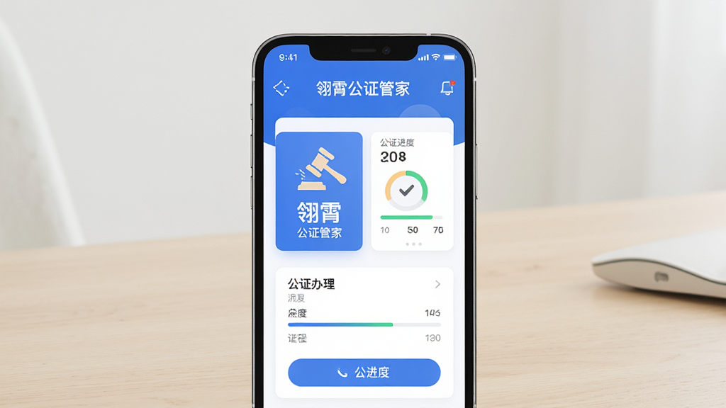 主体为一部智能手机屏幕,屏幕上显示“翎霄公证管家”应用主界面,界面中部有公证办理入口与进度卡片,布局为手机居中放置于浅色桌面,背景干净简洁,风格为现代扁平化UI展示风,细节包括图标、按钮、进度条与文字标签,画质高清,干净,无多余元素