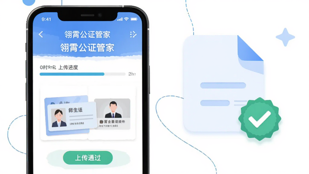 主体为手机界面展示“翎霄公证管家”材料上传页面,布局为左侧手机屏幕、右侧悬浮文件图标与勾选标记,风格为清新商务扁平插画,细节包括上传进度条、证件缩略图、审核通过徽章,画质高清,干净,无多余元素