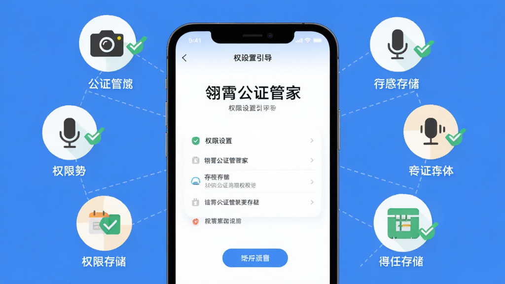 主体为手机屏幕展示“翎霄公证管家”权限设置引导页,布局为手机居中,周围环绕权限图标与勾选标记,风格为扁平化教程插画,细节包括相机、麦克风、存储图标与文字说明,画质高清,干净,无多余元素