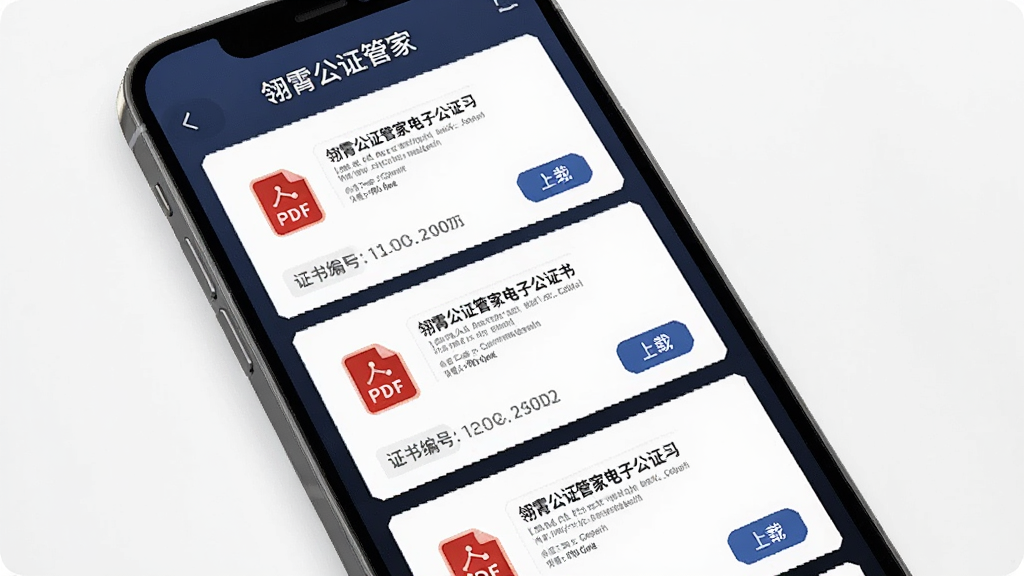 主体为手机屏幕显示“翎霄公证管家”电子公证书列表,布局为多张证书卡片纵向排列,风格为简约商务风,细节包括PDF图标、下载按钮、证书编号,画质高清,干净,无多余元素