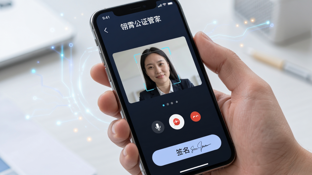 主体为手机屏幕中显示“翎霄公证管家”视频核验界面,布局为中央视频通话窗口加底部签名按钮,风格为科技感写实UI,细节包括人脸识别框、麦克风图标、电子签名笔迹,画质高清,干净,无多余元素