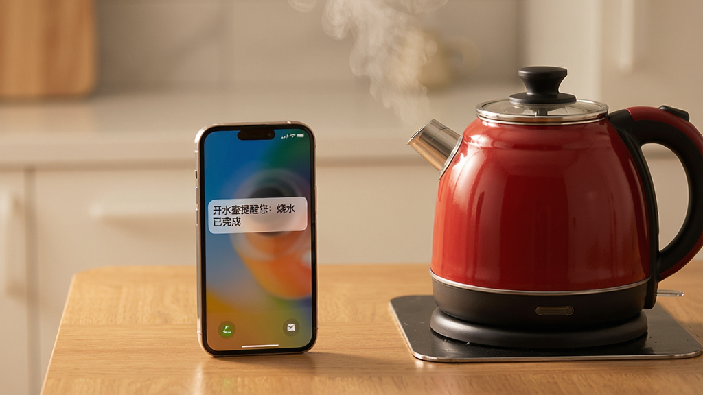 一张展示“开水壶”应用提醒功能的图片,画面中一部手机放在木质桌面上,屏幕亮起并弹出通知卡片,卡片上写着“开水壶提醒您:烧水已完成”,手机旁边有一个正在冒热气的红色水壶。画面风格生活化,暖色调,画质清晰,背景简洁无杂物。