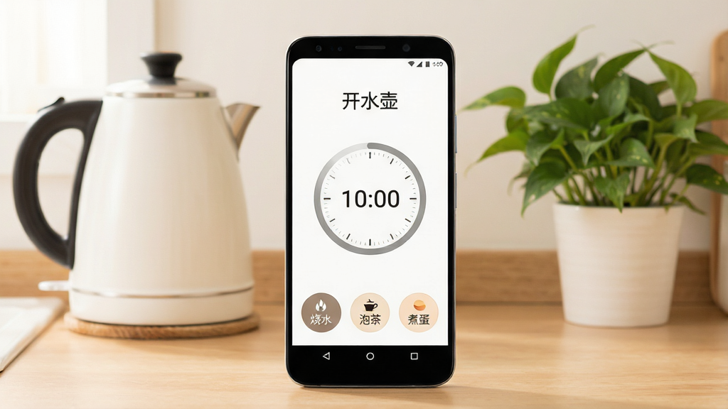 一张展示“开水壶”手机应用主界面的图片,画面中央是一部竖屏安卓手机,屏幕内显示简洁的计时器界面,顶部有“开水壶”三个中文字,中间是一个圆形倒计时表盘,底部有“烧水”“泡茶”“煮蛋”三个快捷按钮。背景是温馨的厨房台面,有白色水壶和绿植点缀。整体风格清新明快,色彩柔和,画质干净清晰,无多余元素。