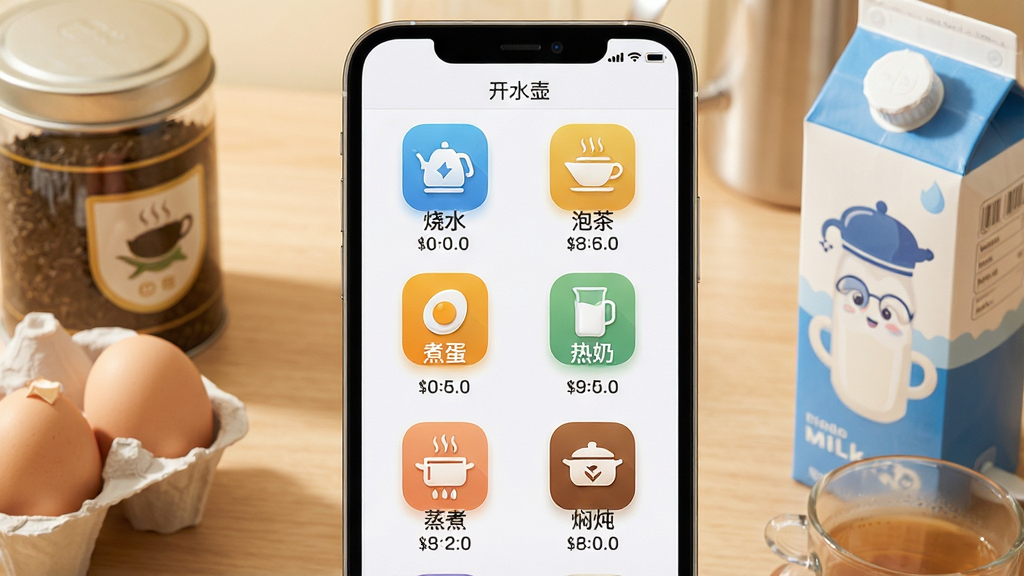 一张展示“开水壶”应用内多种场景计时模板的图片,画面中央是手机屏幕特写,屏幕内以网格形式排列着“烧水”“泡茶”“煮蛋”“热奶”“蒸煮”“焖炖”六个彩色图标,每个图标下方标注默认时间。手机周围散落着茶叶罐、鸡蛋、牛奶盒等真实道具。风格写实温馨,光线柔和,画质细腻干净。