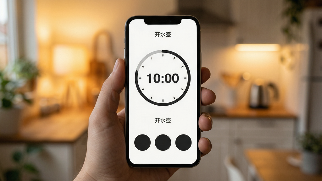 一张展示“开水壶”应用极简界面的图片,画面中一只手拿着手机,屏幕内显示大号圆形倒计时表盘和底部三个大按钮,界面干净清爽。背景是虚化的家居环境,有暖色灯光。风格温馨自然,画质清晰,无多余装饰。