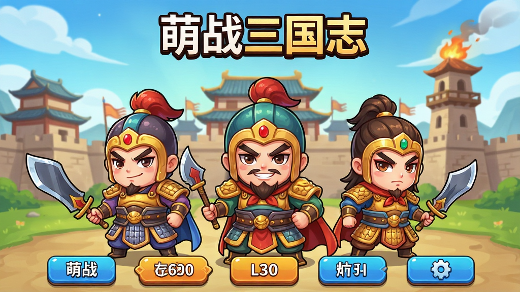 萌战三国志游戏主界面截图,画面中央展示三位Q版三国武将角色并排站立,背景为古代城池与烽火台,界面顶部显示游戏名称“萌战三国志”,下方排列功能按钮,整体采用明亮鲜艳的二次元卡通风,布局清晰,排版整洁,风格活泼,细节丰富,画质高清,干净无多余元素