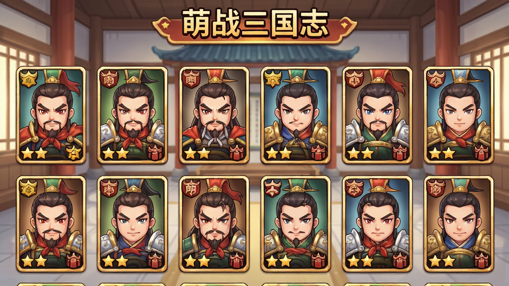 萌战三国志武将收集界面,画面中展示多位Q版三国武将卡牌整齐排列,每张卡牌上有武将头像、星级与阵营标识,背景为古代书院风格,界面顶部显示“萌战三国志”字样,整体采用清新明亮的二次元风格,布局规整,细节精致,画质高清,干净无多余元素