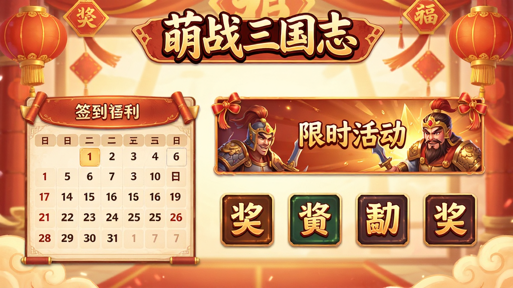 萌战三国志活动福利界面,画面展示签到日历、限时活动横幅与奖励图标,背景为喜庆的节日装饰风格,顶部显示“萌战三国志”名称,整体采用温暖明亮的色调,布局清晰,排版整齐,细节丰富,画质高清,干净无多余元素