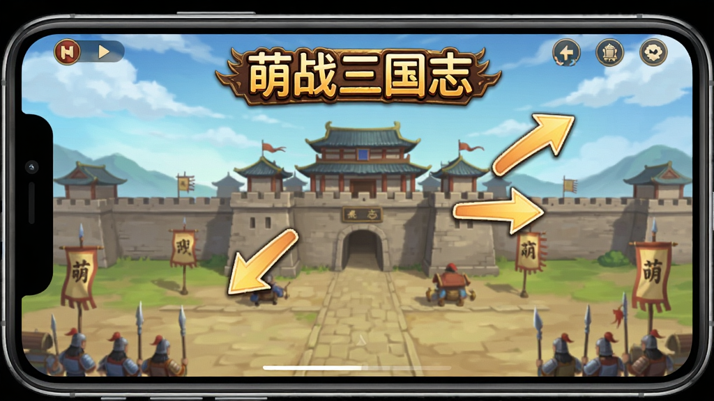 萌战三国志新手操作界面截图,画面展示手机屏幕上的游戏主界面与新手引导箭头,界面标注“萌战三国志”,背景为古代城池,整体采用简洁明了的教学风格,布局清晰,细节丰富,画质高清,干净无多余元素