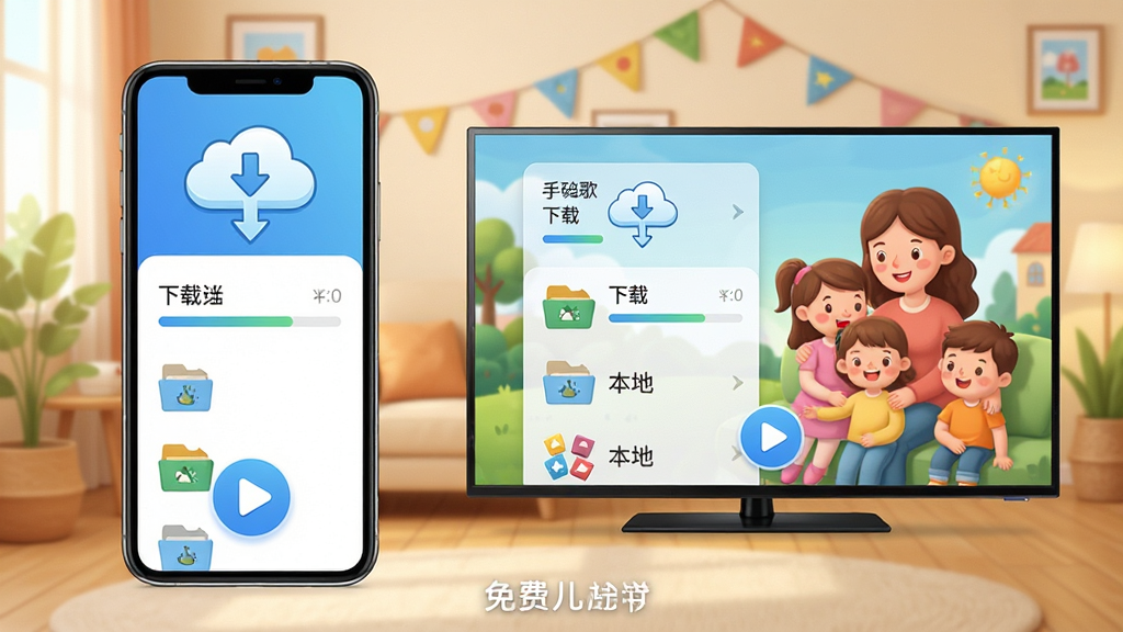 免费儿歌故事动画片软件离线缓存功能示意图,主体是手机和电视屏幕同步展示已下载的儿歌列表,布局为左右分屏对比,排版展示下载进度条和本地文件图标,风格为现代科技感与卡通结合,细节包括云朵下载图标、播放按钮、家庭场景背景,画质高清,干净,无多余元素