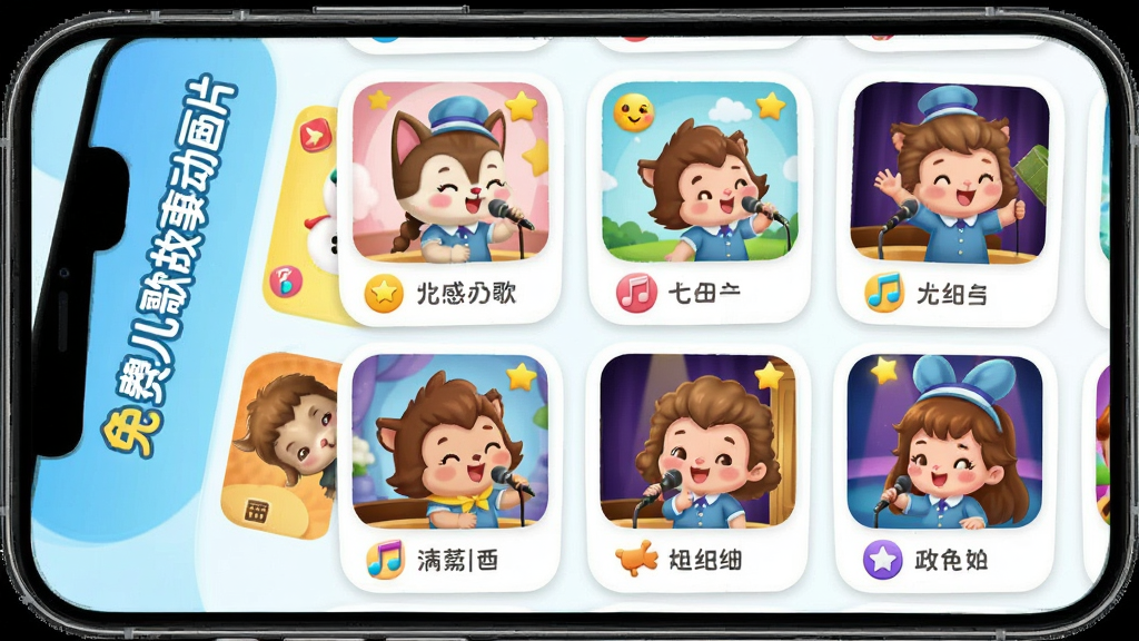 一款名为“免费儿歌故事动画片”的手机应用界面展示,主体是软件首页的儿歌分类列表,布局采用纵向卡片式排列,排版清晰展示各种儿歌专辑封面,风格为清新可爱的卡通风格,细节包括圆角卡片、彩色图标、卡通人物唱歌的缩略图,画质高清,干净,无多余元素