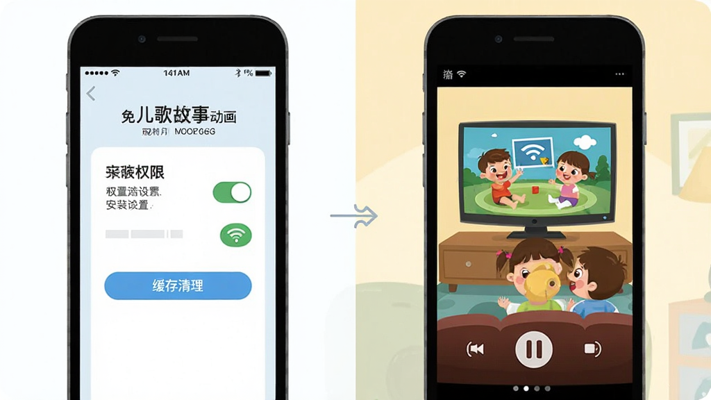 免费儿歌故事动画片移动端使用攻略示意图,主体是手机屏幕展示安装权限设置界面和播放界面,布局为左右对比排版,风格为简洁明了的扁平化设计,细节包括权限开关、WiFi图标、缓存清理按钮、卡通儿童在安全距离外看电视的场景,画质高清,干净,无多余元素
